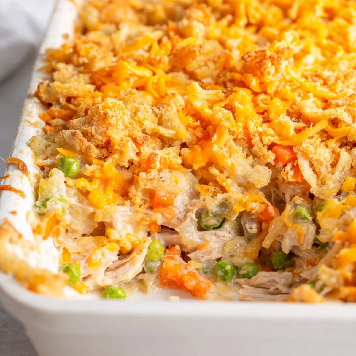 A close-up of golden, bubbling Turkey Casserole Bake fresh from the oven, with melted cheddar and crispy breadcrumbs.