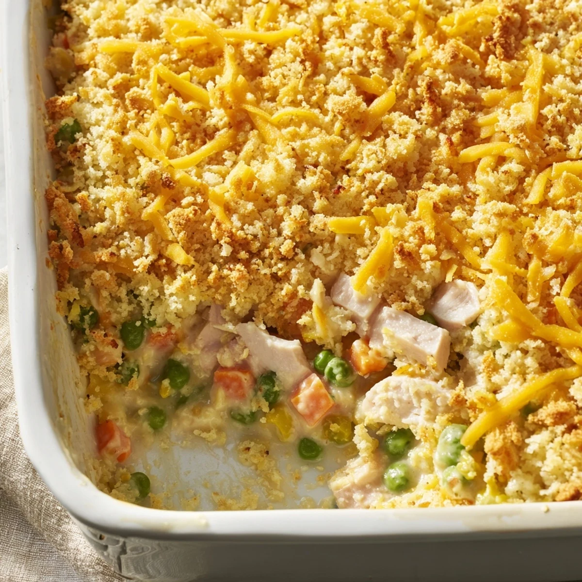 Serving suggestion for Turkey Casserole Bake, spooned onto a plate with a side of crisp green salad.