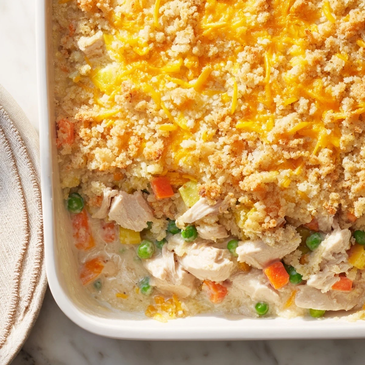 A freshly baked Turkey Casserole Bake in a white dish, featuring a creamy filling with turkey and vegetables.