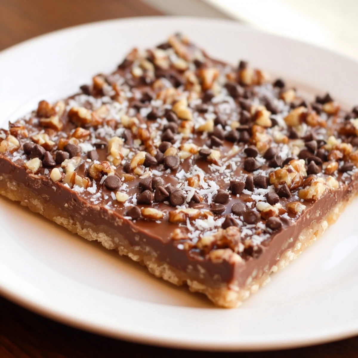 Golden-brown Chocolate Treat Bar Sweet squares with a gooey chocolate layer, chopped nuts, and coconut flakes on a marble countertop.