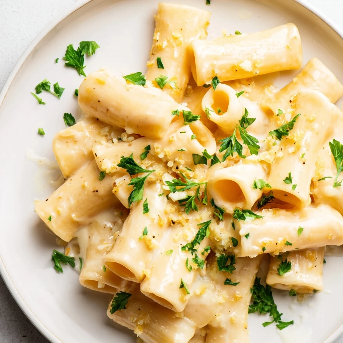 A steaming bowl of creamy meal pasta sauce coats fettuccine, garnished with fresh parsley and grated Parmesan.  