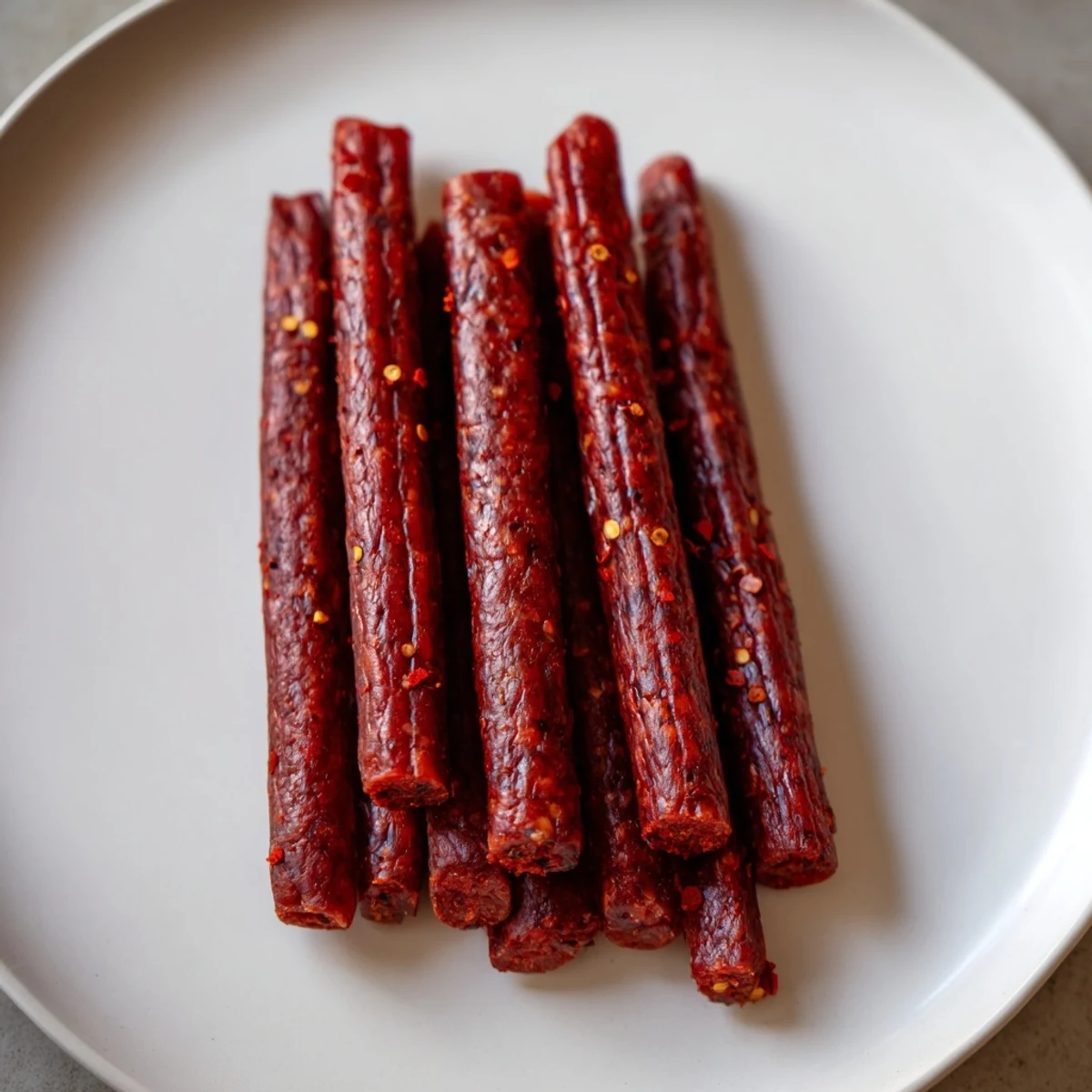 Freshly dehydrated Beef Snack Stick Jerky, seasoned with smoky paprika and black pepper, rests on a wire rack after oven drying.