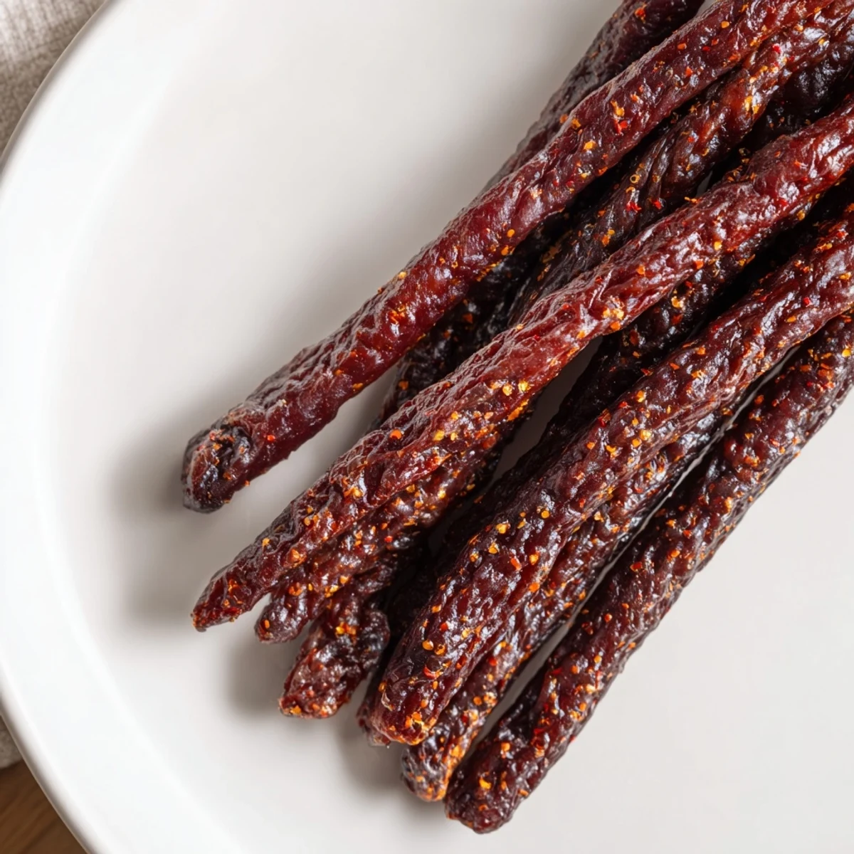 Tightly packed Beef Snack Stick Jerky, made with garlic and onion powder, is vacuum-sealed for fresh, high-protein hiking snacks.