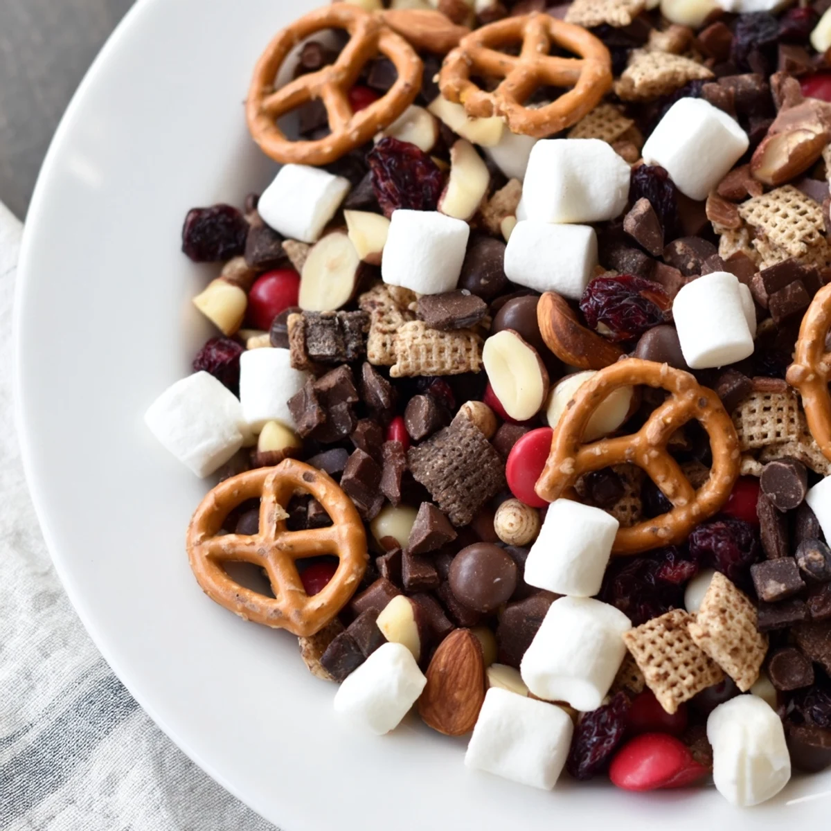 This easy homemade Chocolate Snack Mix Sweet features mini marshmallows, peanuts, and dried cranberries on a rustic wood table.