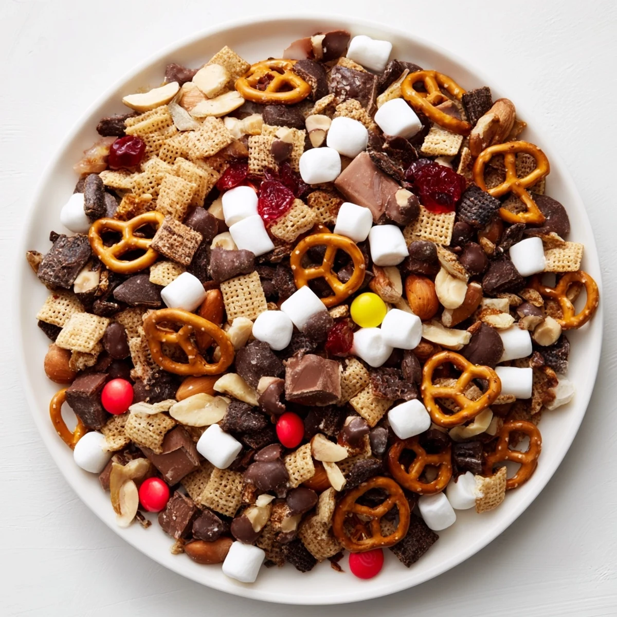 Perfect for movie night, this Chocolate Snack Mix Sweet combines sweet chocolate chips and crunchy nuts in a festive white bowl.