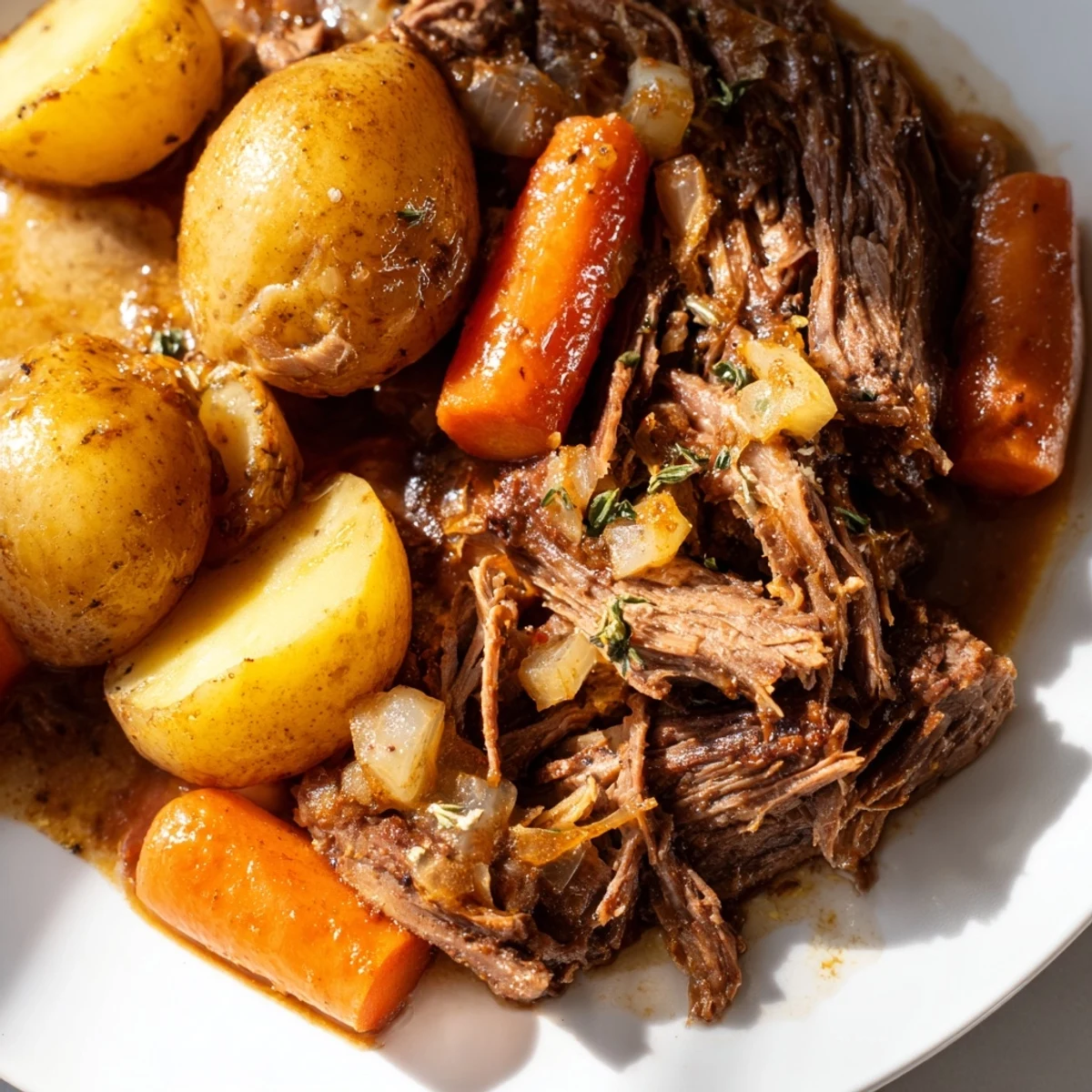 Fall-apart Slow Cooker Pot Roast plated with carrots, potatoes, and savory pan juices.
