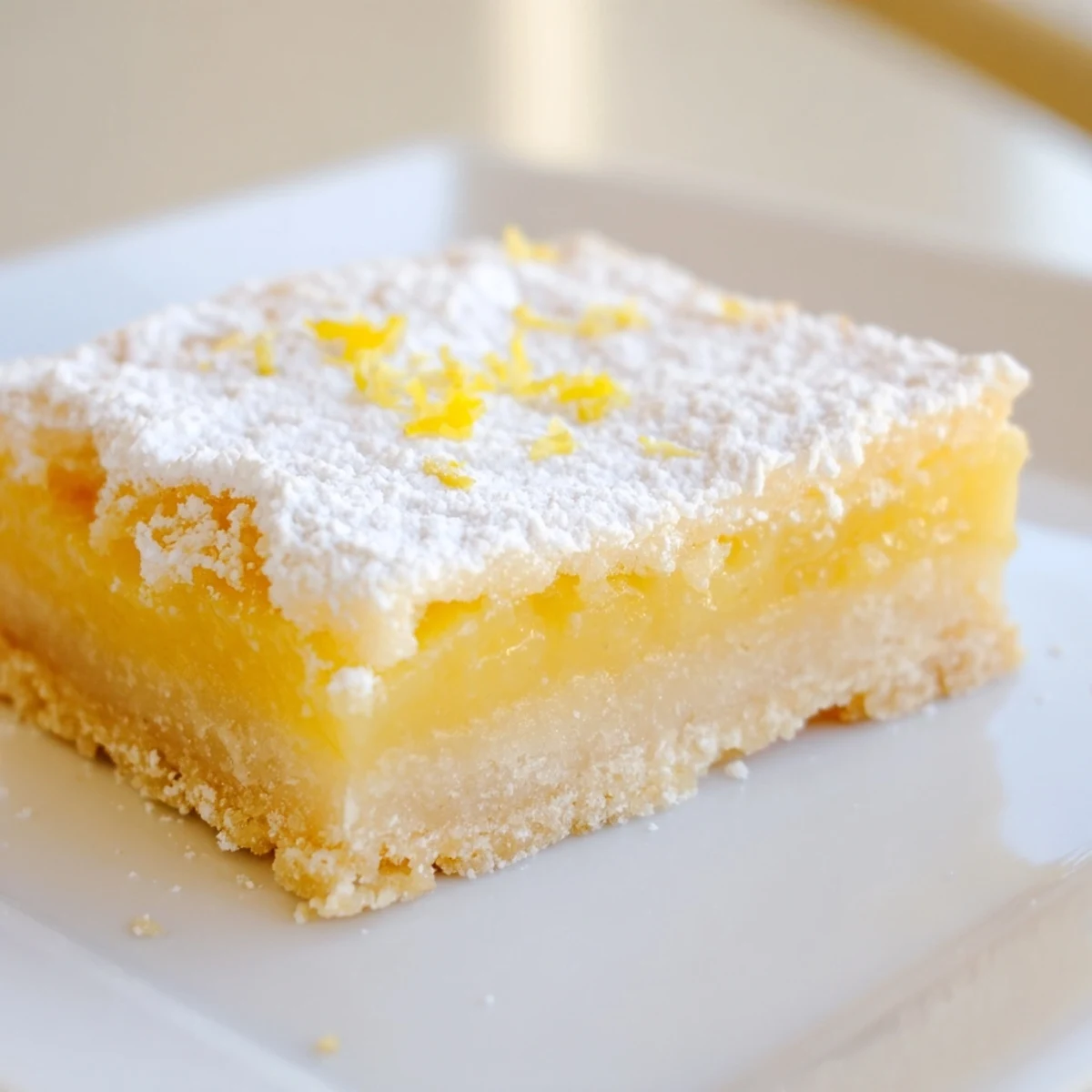 Golden Lemon Treat Bars, dusted with powdered sugar, rest on a rustic wooden cutting board, showcasing their bright, zesty filling and buttery shortbread crust. 