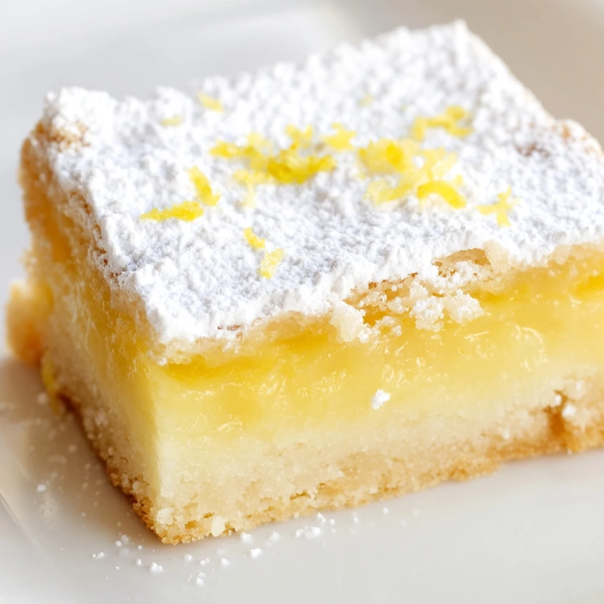 Close-up of a gooey Lemon Treat Bar slice revealing a smooth, vibrant yellow lemon filling on top of a golden baked crust.