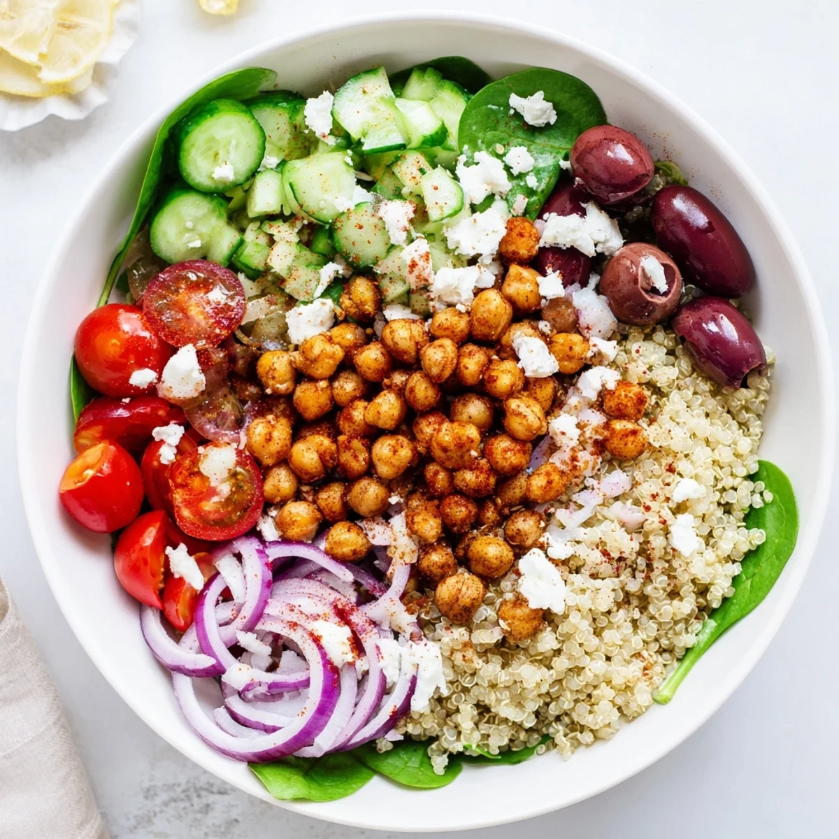 A close-up Mediterranean Meal Bowl shows fluffy quinoa topped with roasted chickpeas, fresh spinach, and feta. A generous drizzle of creamy lemon-tahini dressing coats the vibrant ingredients for a healthy lunch.