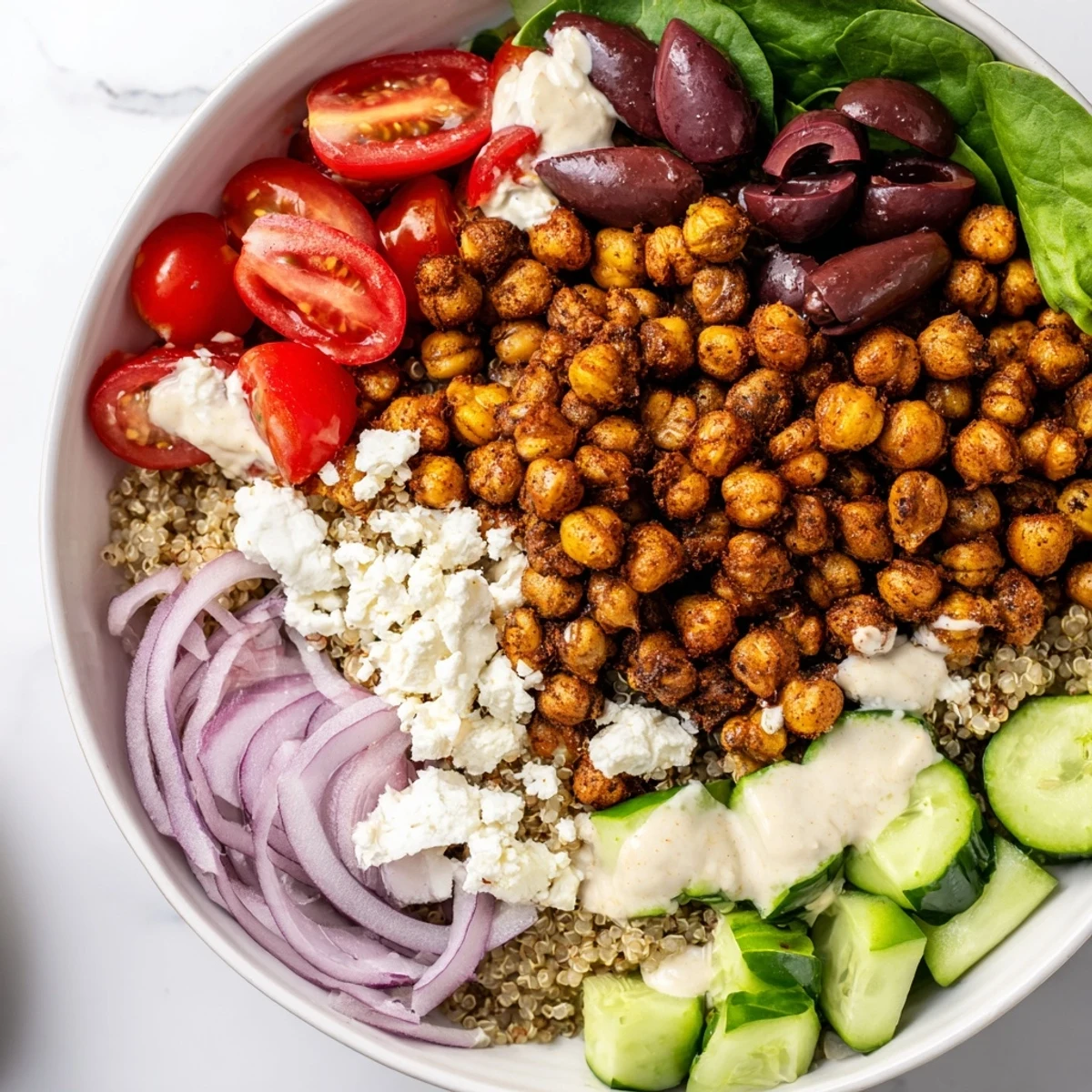 Overhead view of a colorful Mediterranean Meal Bowl, packed with crisp cucumbers, cherry tomatoes, and Kalamata olives. The golden roasted chickpeas add a crunchy texture to the wholesome quinoa base.