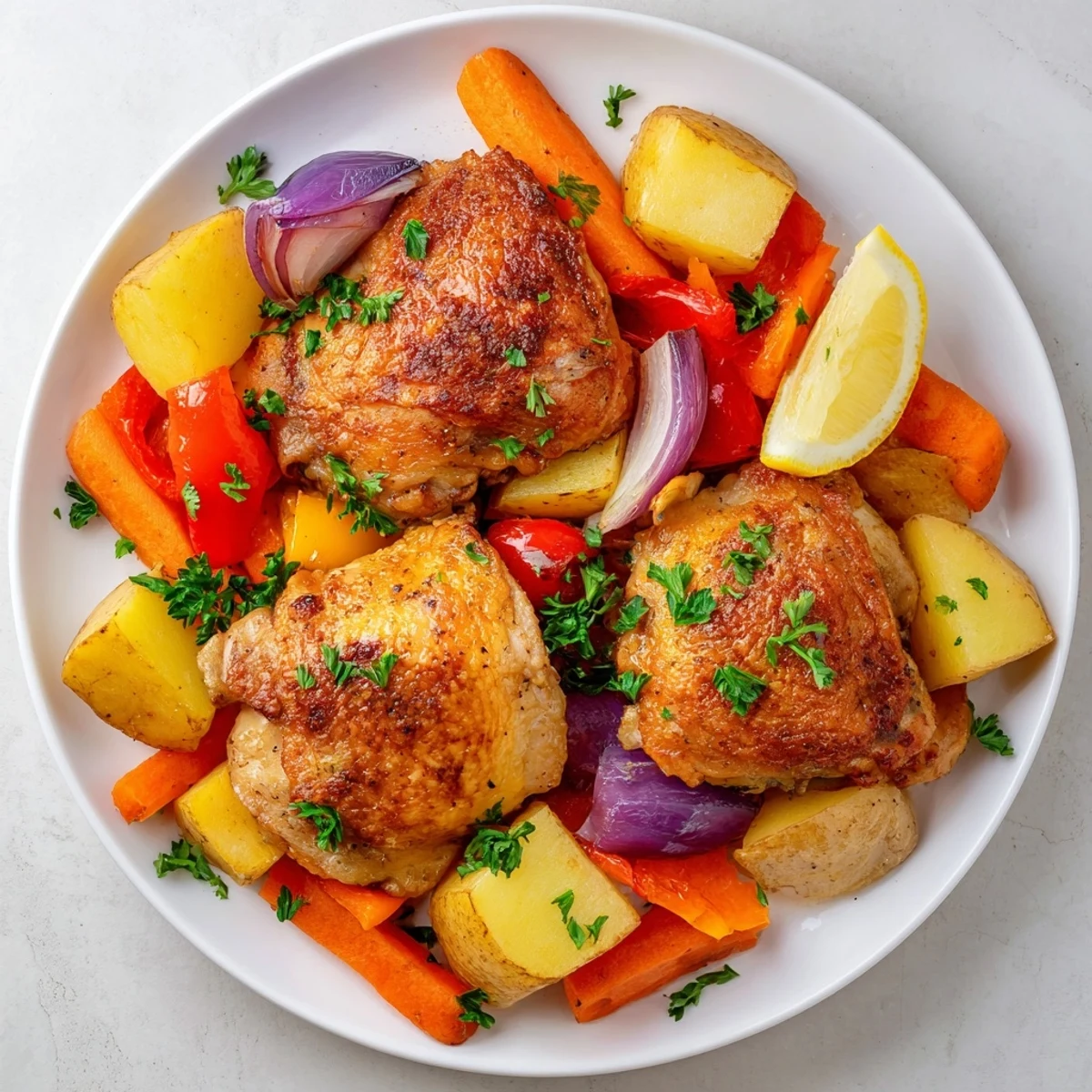 Freshly chopped parsley and bright lemon wedges are ready to garnish this Roasted Meal Pan Dinner, a gluten-free, one-pan dinner designed for easy family-style serving.