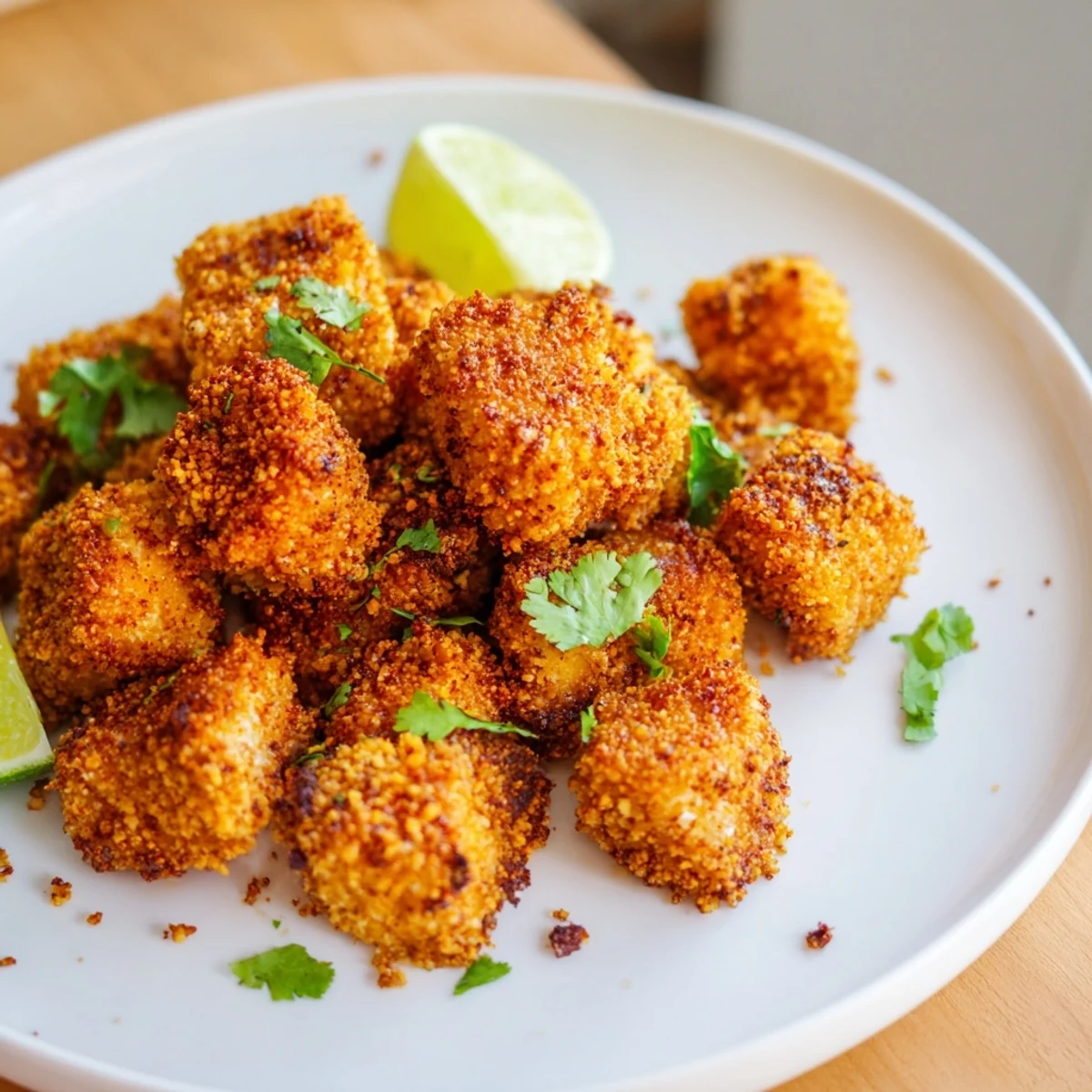 Golden, crispy Chicken Treat Bites Spicy served hot from the oven with fresh lime wedges