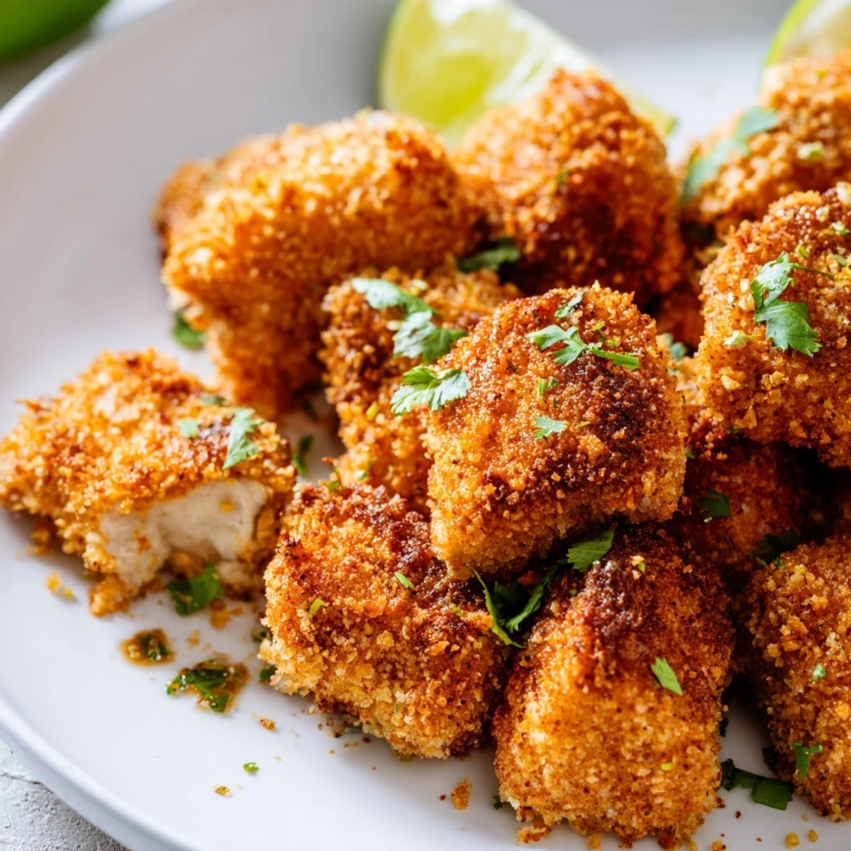 Hand-breaded Chicken Treat Bites Spicy garnished with cilantro on a rustic serving platter