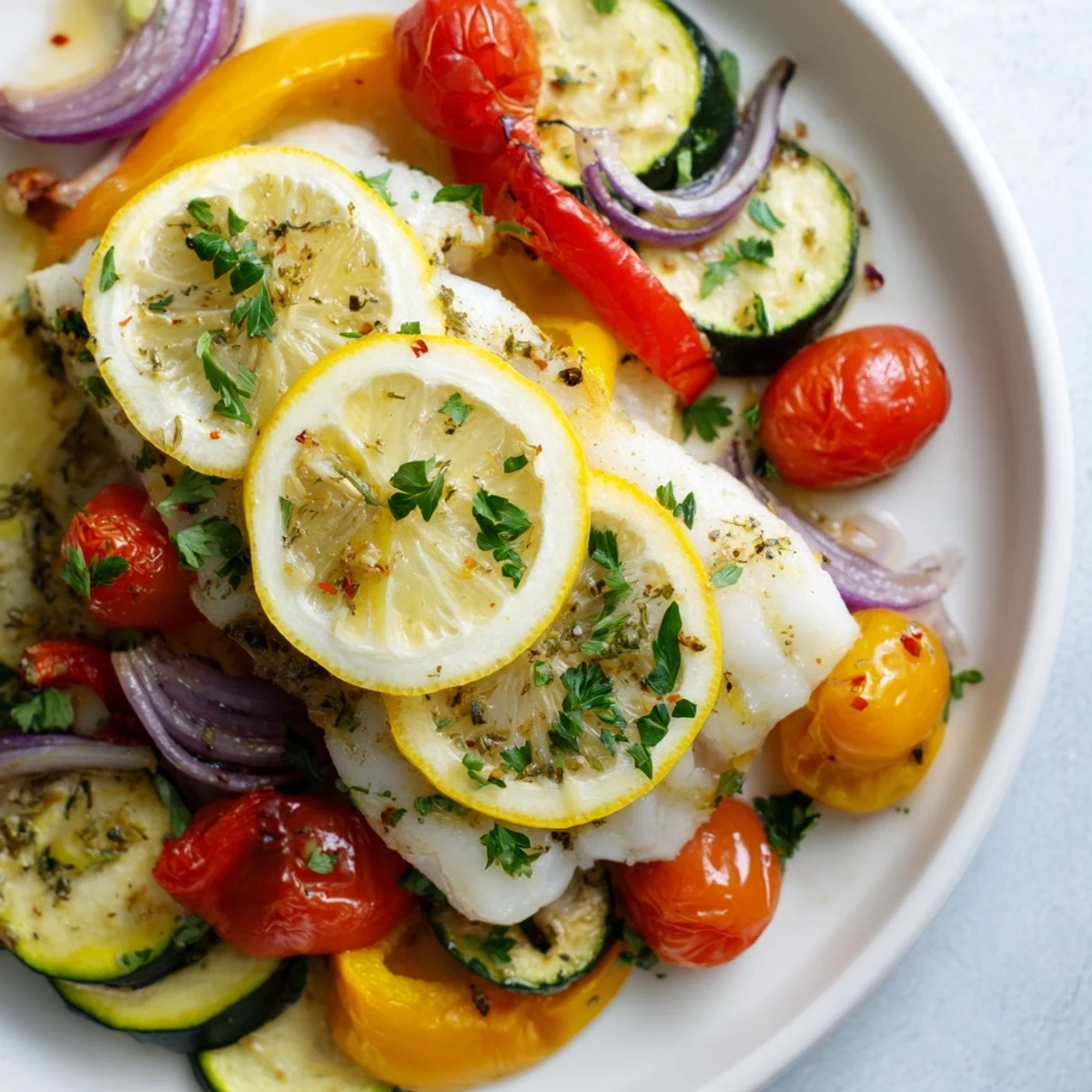 Golden baked cod fillets rest on a colorful bed of roasted bell peppers, zucchini, and cherry tomatoes on a Mediterranean platter.