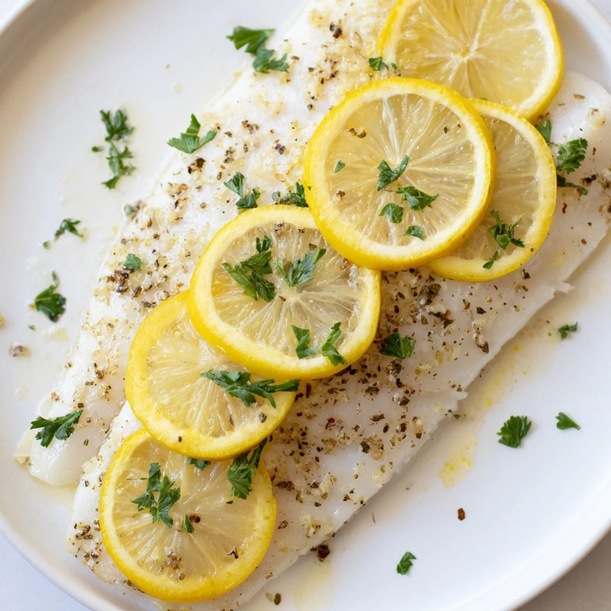 Golden Baked Fish Fillet topped with fresh lemon slices and parsley, flaking beautifully on a white plate.