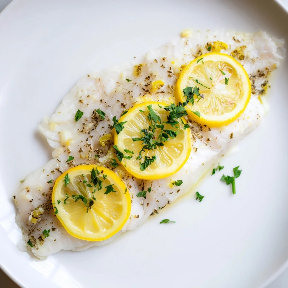Perfectly cooked Baked Fish Fillet with garlic and oregano, ready to serve with a light salad.