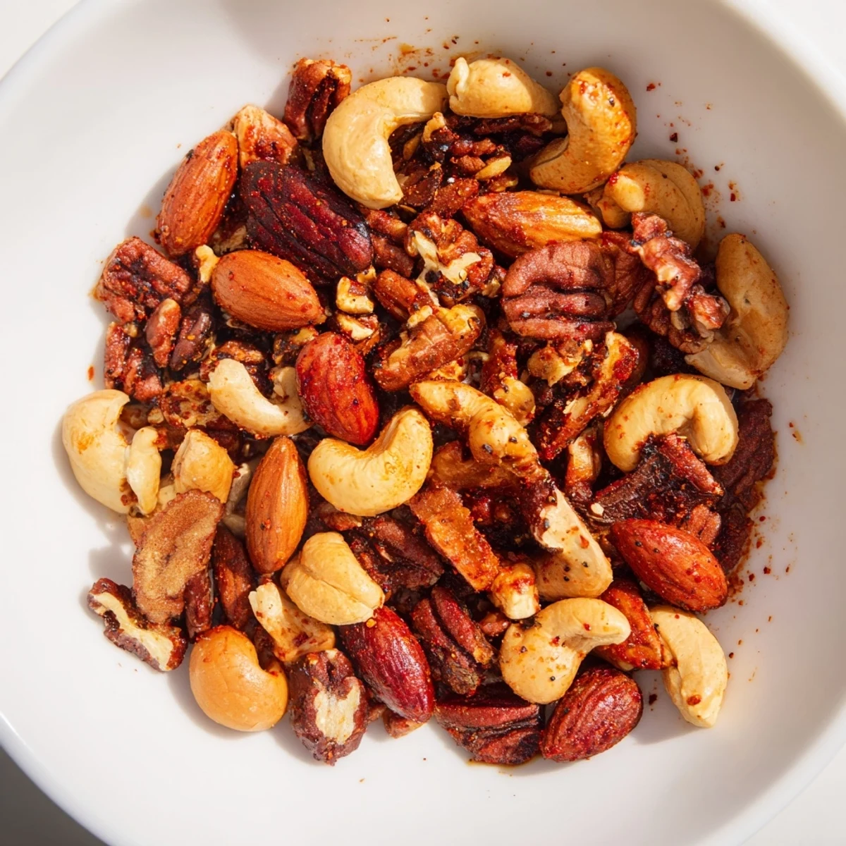 Golden-brown Spicy Snack Nuts Mix cooling on parchment paper, releasing a fragrant, smoky aroma.