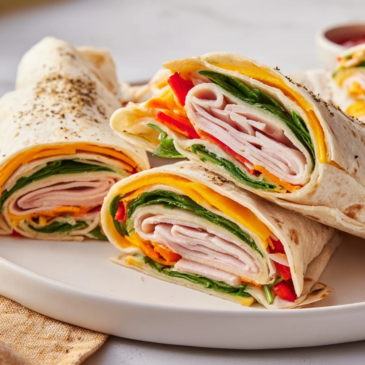 Turkey Snack Wrap Roll sliced in half on a wooden board, revealing layers of turkey, cheddar, spinach, and red pepper.