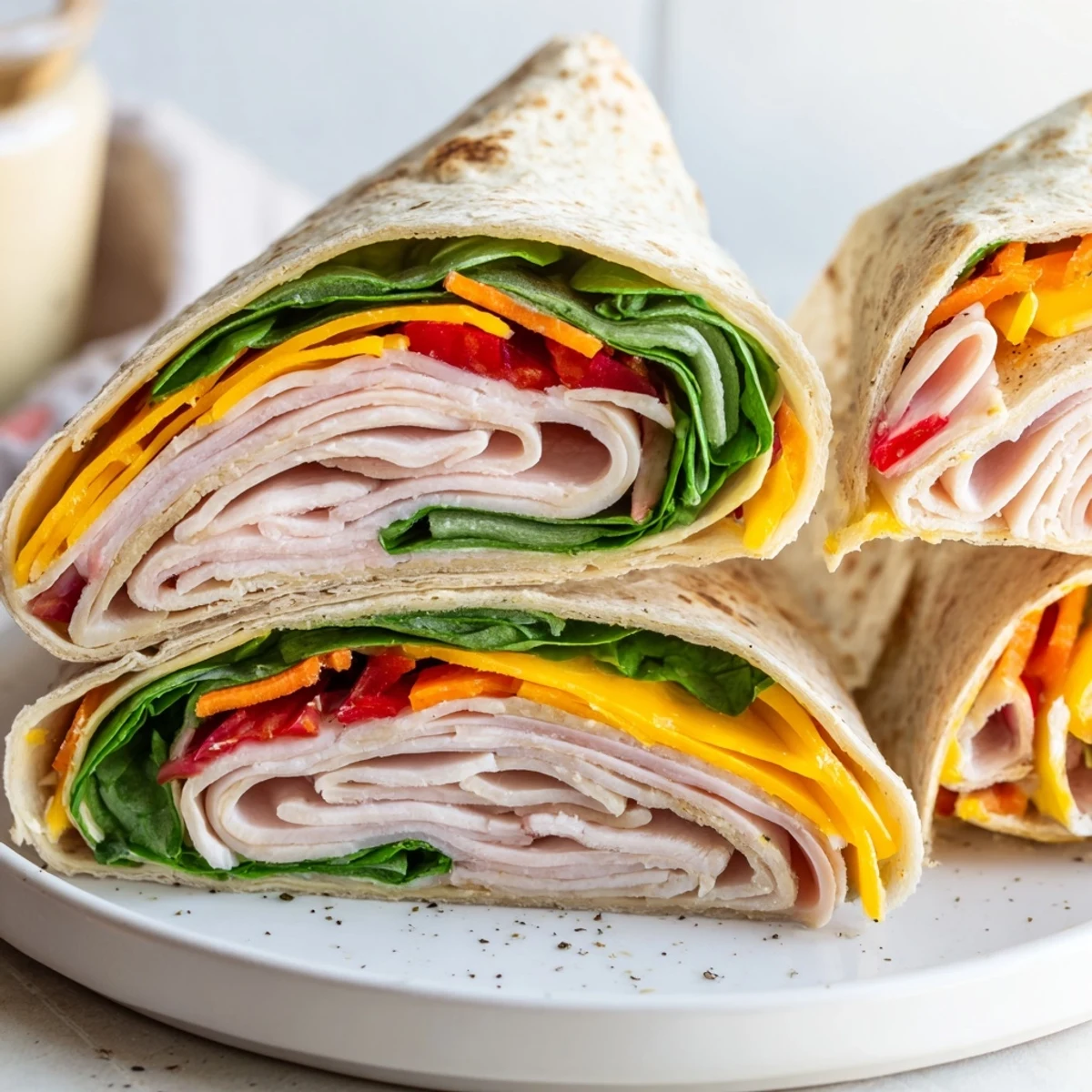 Two Turkey Snack Wrap Rolls stacked on a white plate, creamy spread and crisp veggies visible in the cross-section.
