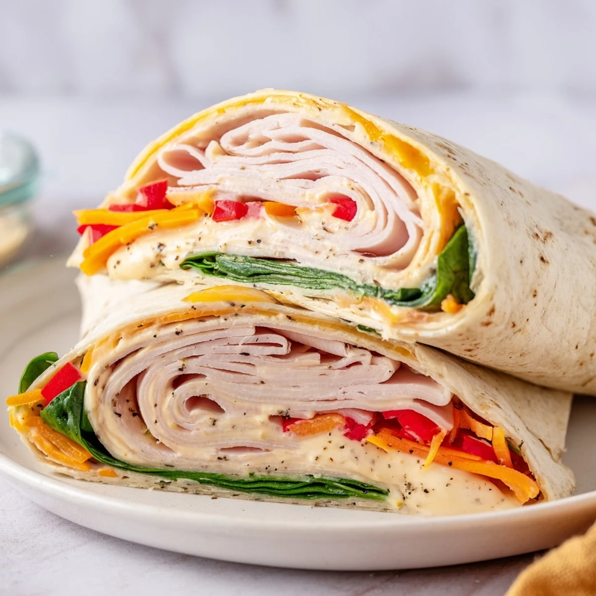 A fresh Turkey Snack Wrap Roll held in hand, showing a tight tortilla roll filled with turkey and colorful veggies.