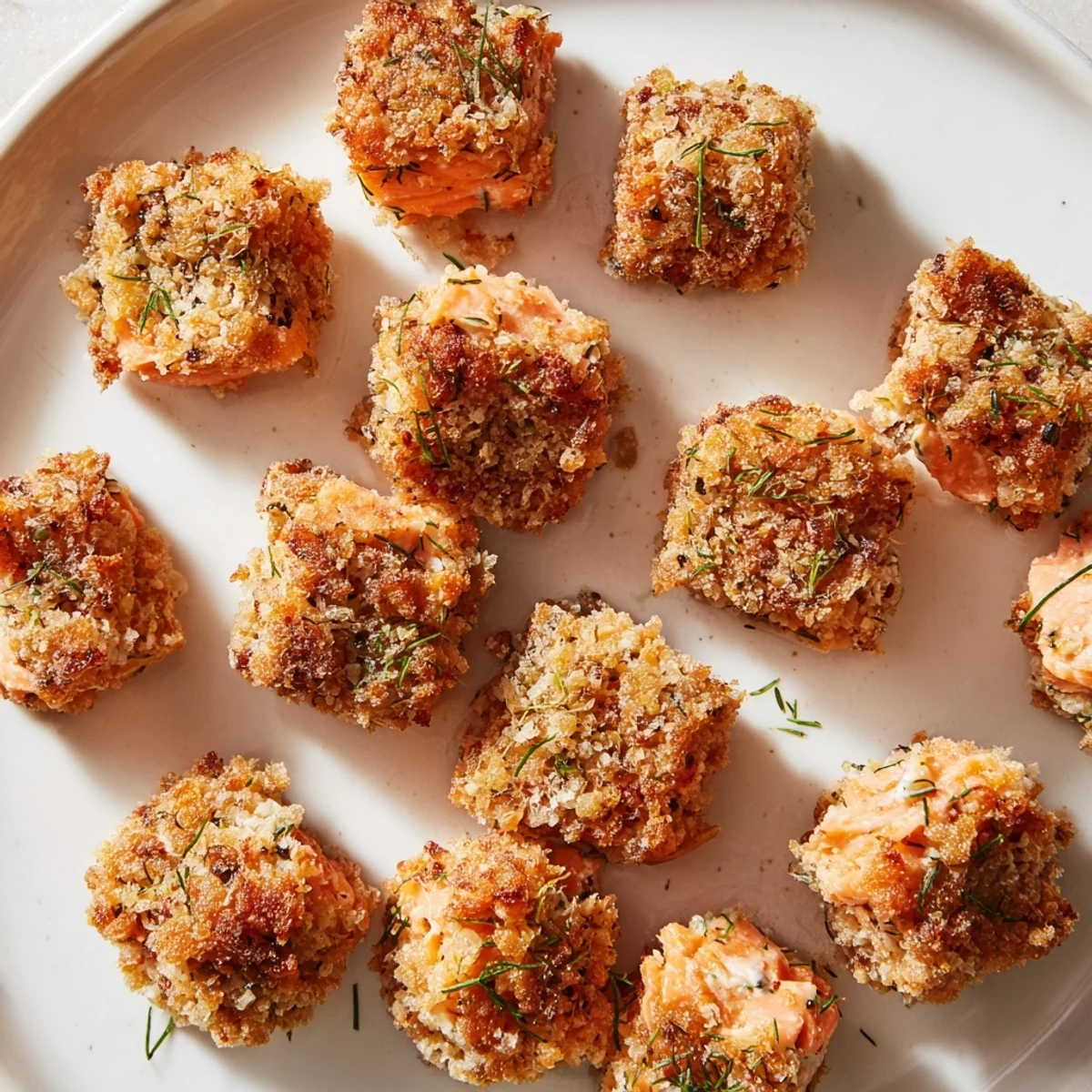 Golden-brown baked salmon snack bites made with fresh dill and chives served on a platter with lemon wedges