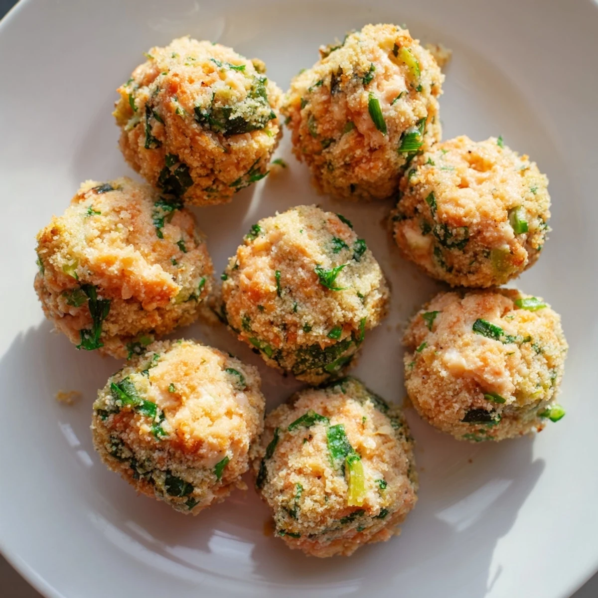 Close-up of crispy, oven-baked salmon snack bites arranged on a tray with creamy dip and lemon garnish
