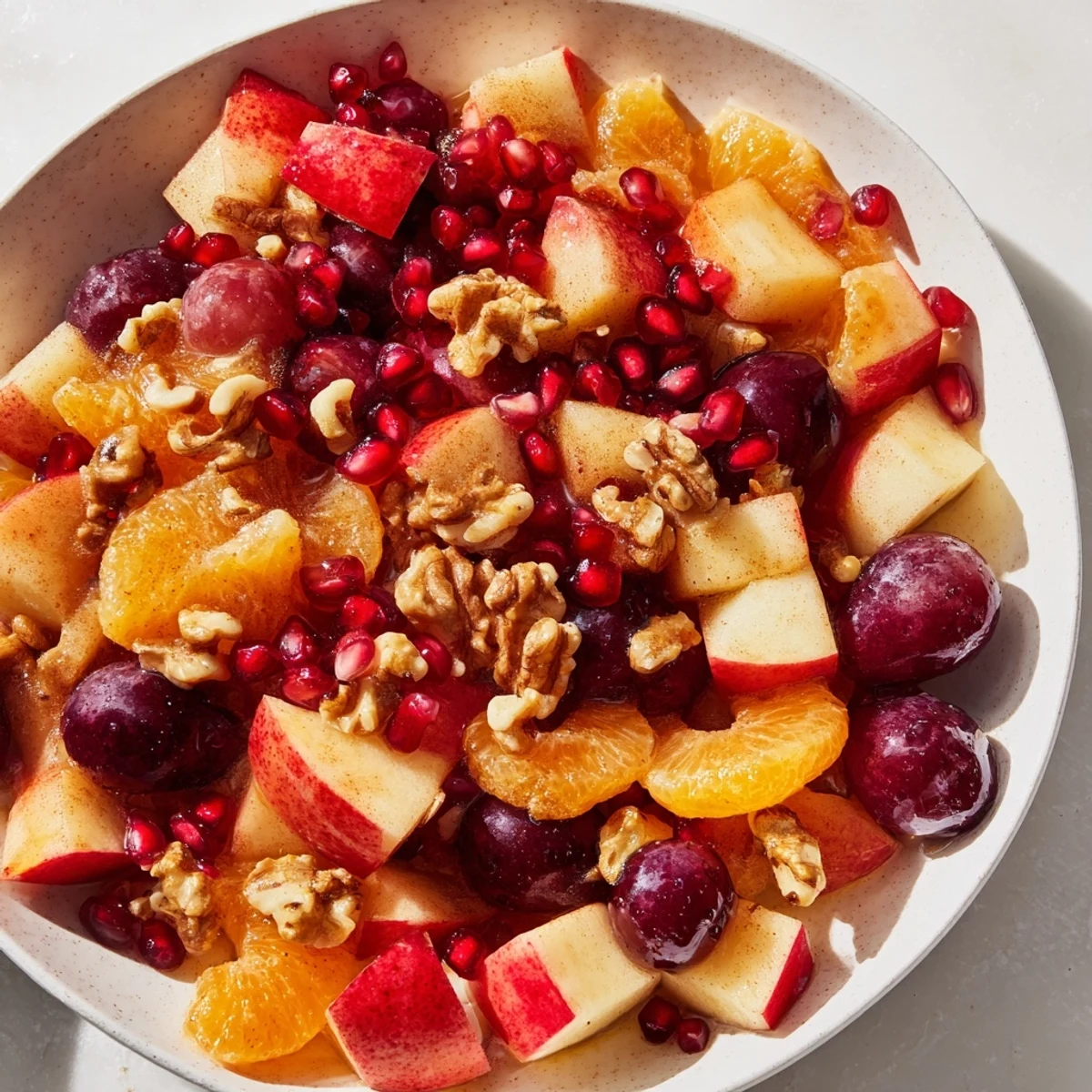 A vibrant bowl of Winter Snack Fruit Mix with crisp apples, juicy pears, and ruby-red pomegranate seeds glistening with orange-cinnamon dressing.