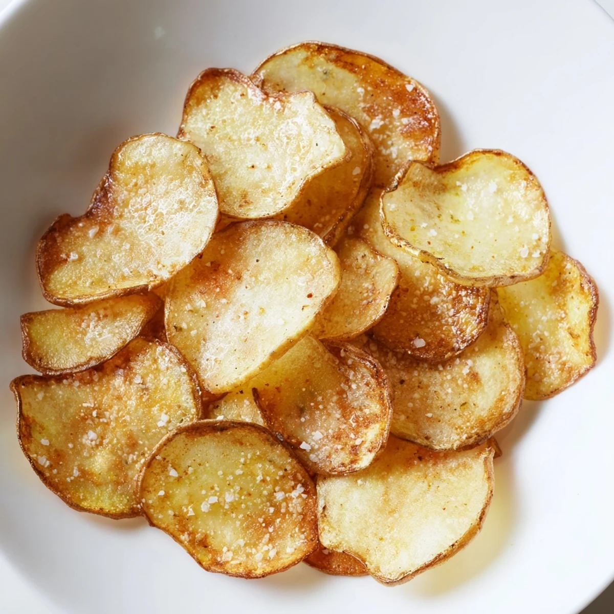 A close-up view shows a hand grabbing a single Crispy Salty Treat Chip from the plate.