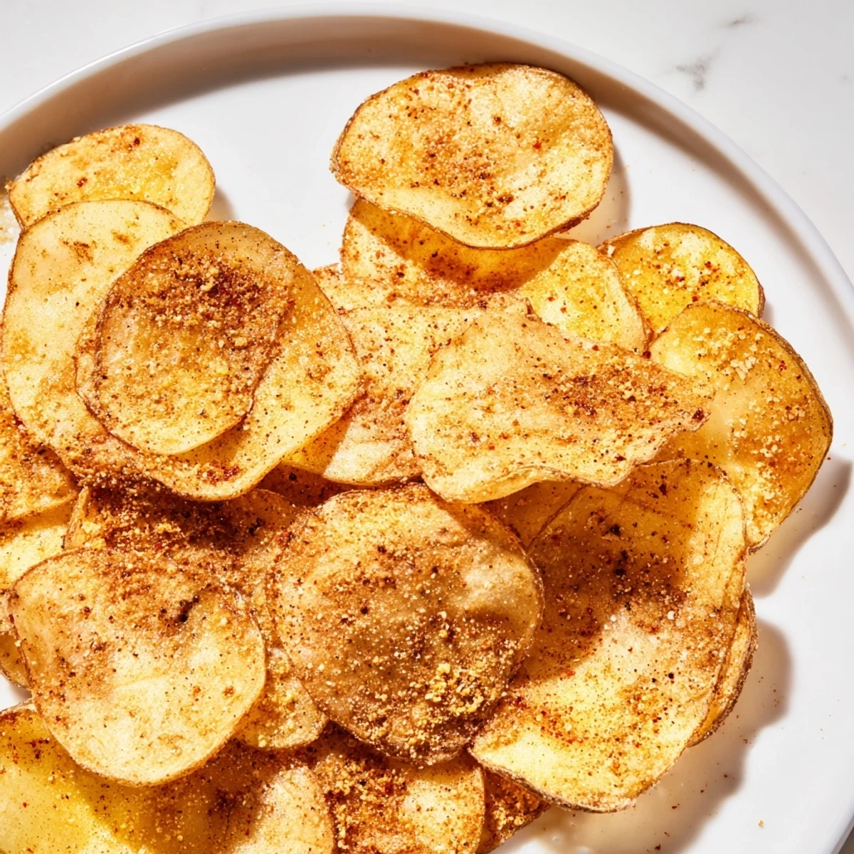 Homemade Crispy Salty Treat Chips baked on parchment paper with a sprinkle of smoked paprika seasoning.
