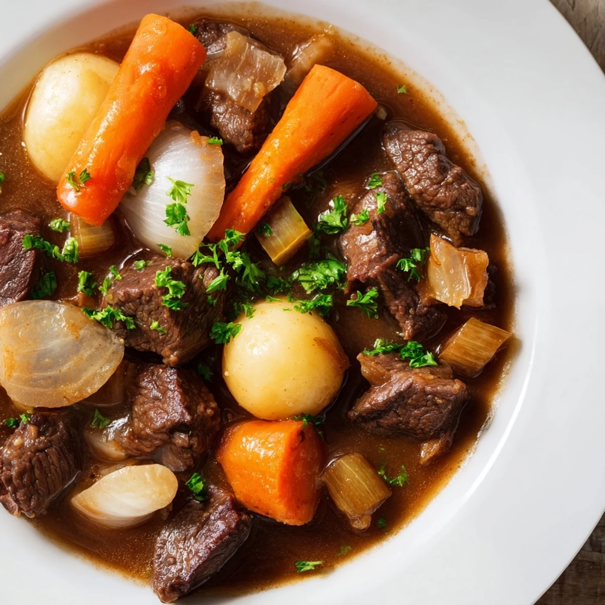 Golden, bubbling Savory Beef Stew with Root Vegetables in a rustic bowl, garnished with fresh parsley for a cozy dinner.
