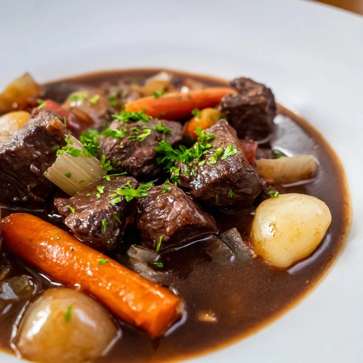 Tender beef and colorful root vegetables simmer in a rich broth inside a Dutch oven, creating a comforting American meal.