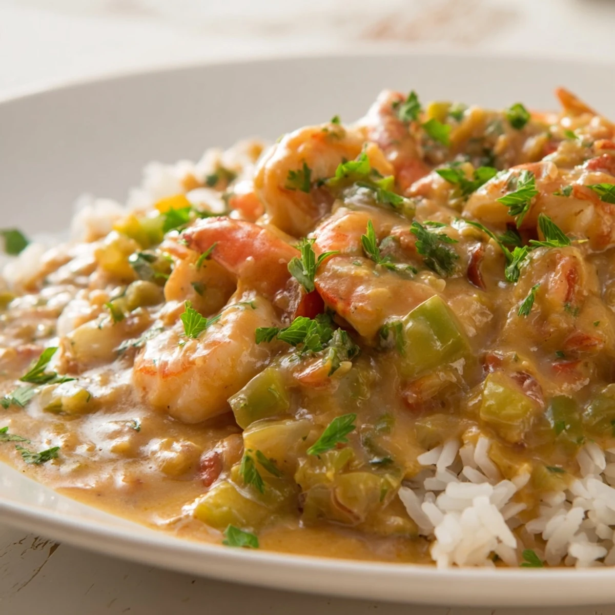 A steaming bowl of Crawfish Étouffée with Fluffy White Rice, featuring vibrant peppers and a garnish of fresh parsley.