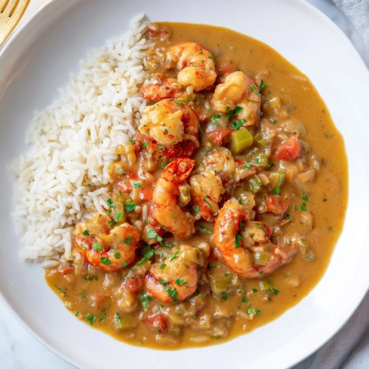 Savory Crawfish Étouffée served over a mound of fluffy white rice, ready to be enjoyed with crusty French bread.