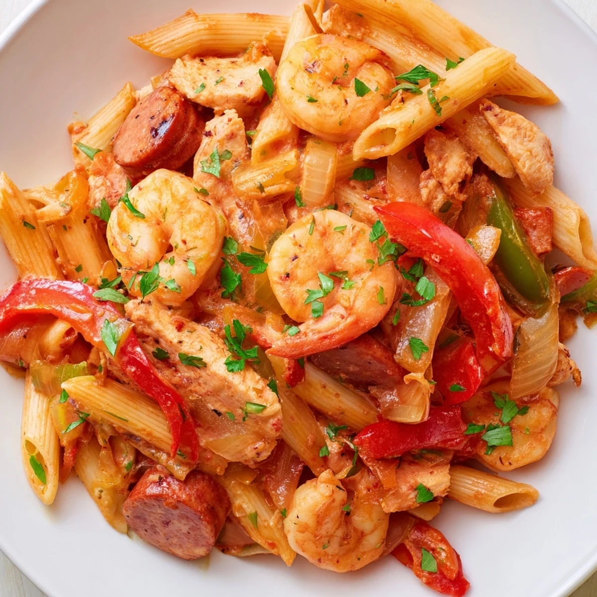 Steaming Spicy Jambalaya Pasta with Chicken and Shrimp in a creamy Creole tomato sauce.  