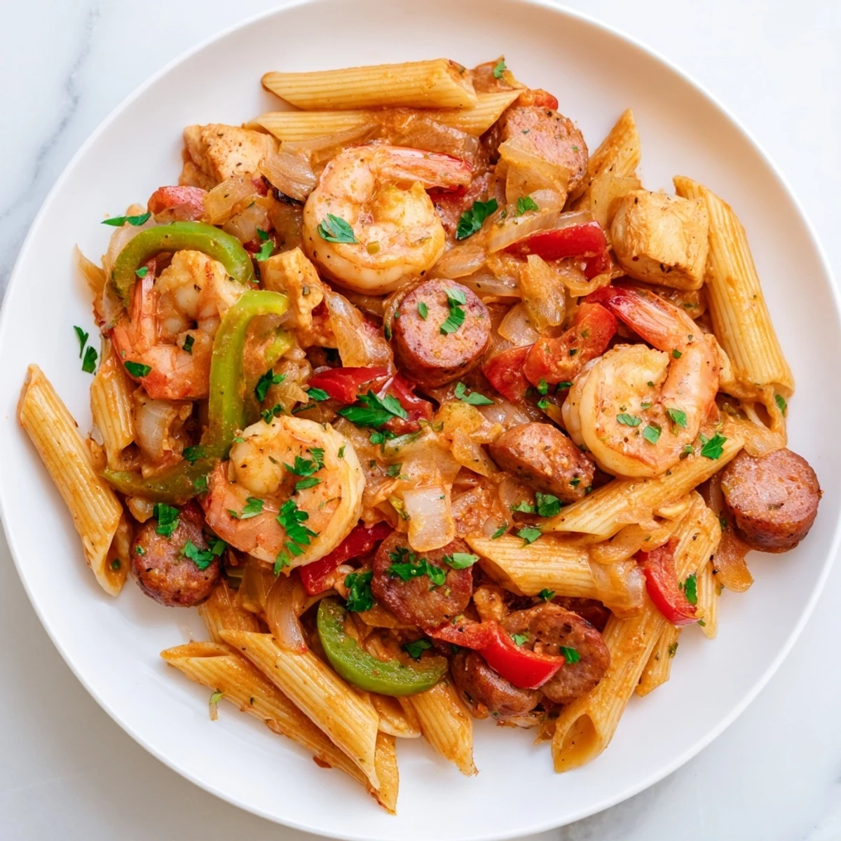 Forkful of tender chicken, shrimp, and andouille sausage tossed with bell peppers over penne pasta.  