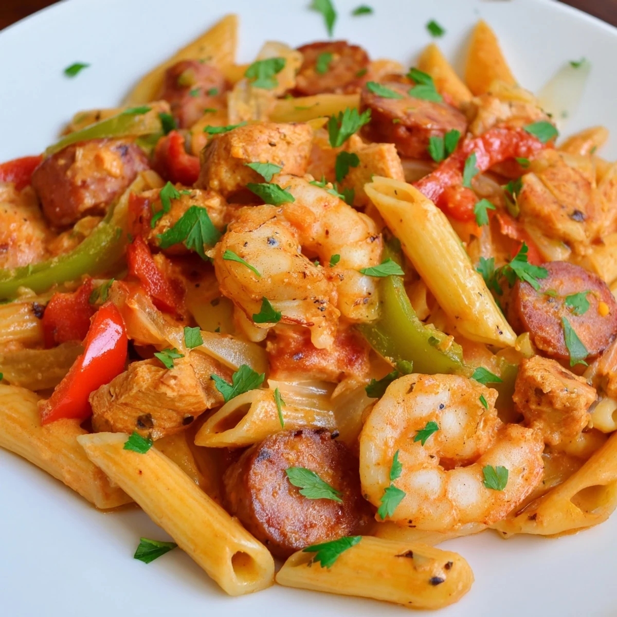 Sizzling skillet of Spicy Jambalaya Pasta with Chicken and Shrimp garnished with fresh parsley and lemon.
