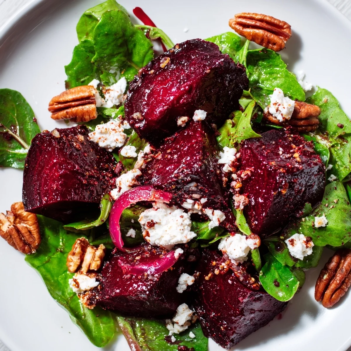 Roasted beet and goat cheese salad with toasted pecans on mixed greens, drizzled with tangy vinaigrette.