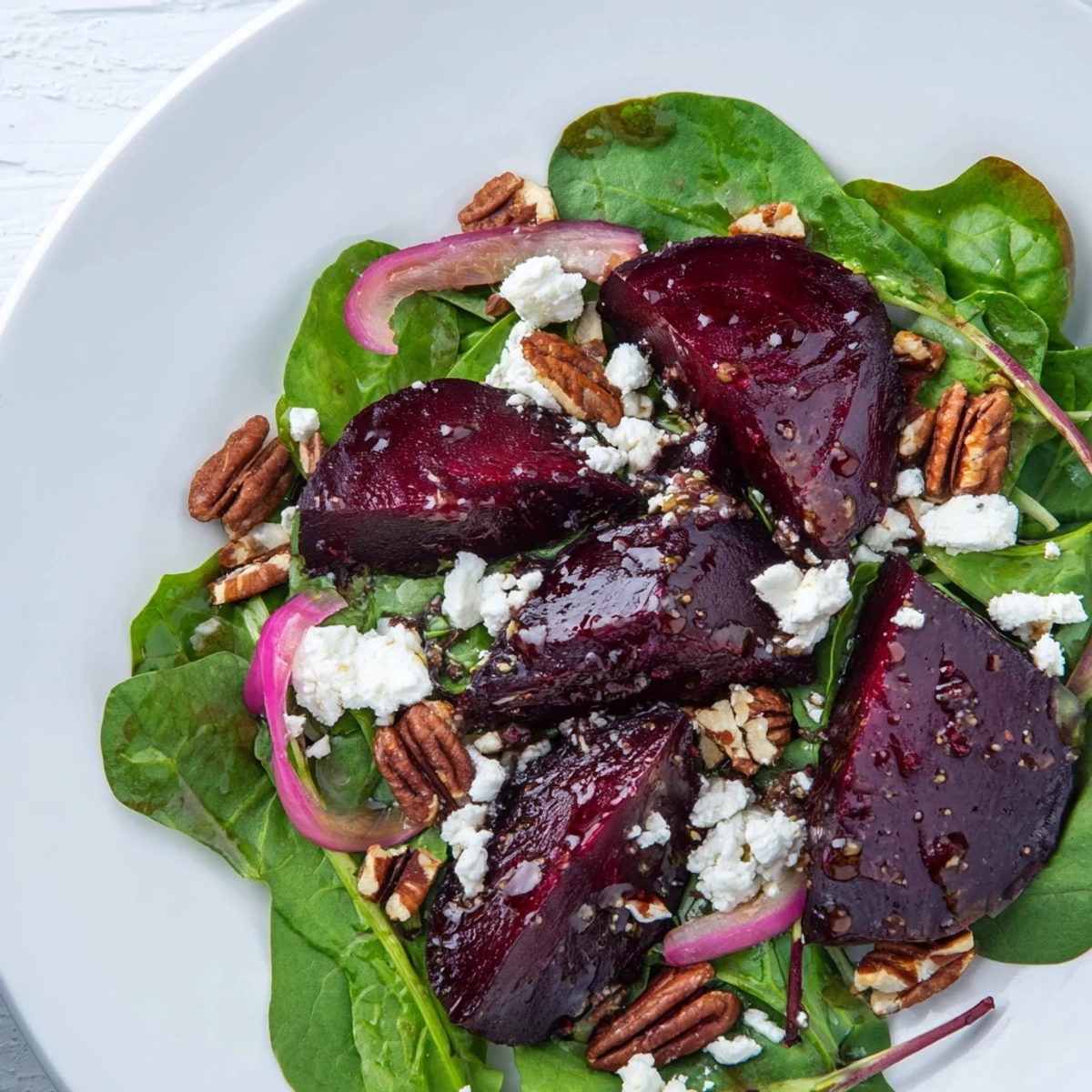 Vibrant roasted beet and goat cheese salad topped with crunchy pecans, served on a bed of arugula.