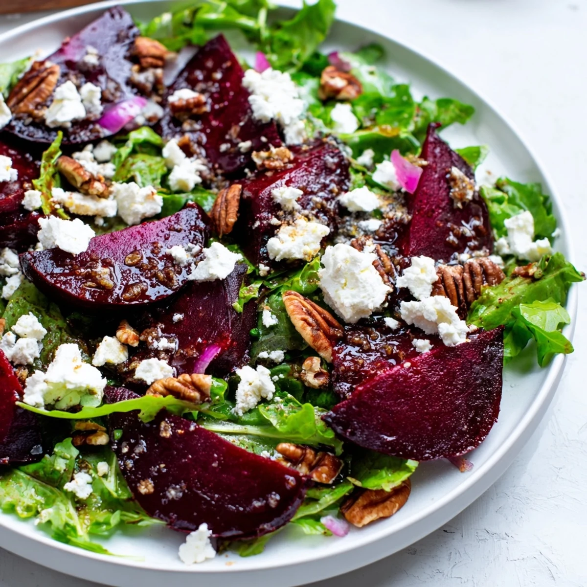 Fresh roasted beet and goat cheese salad with red onion and pecans, finished with a honey-balsamic drizzle.