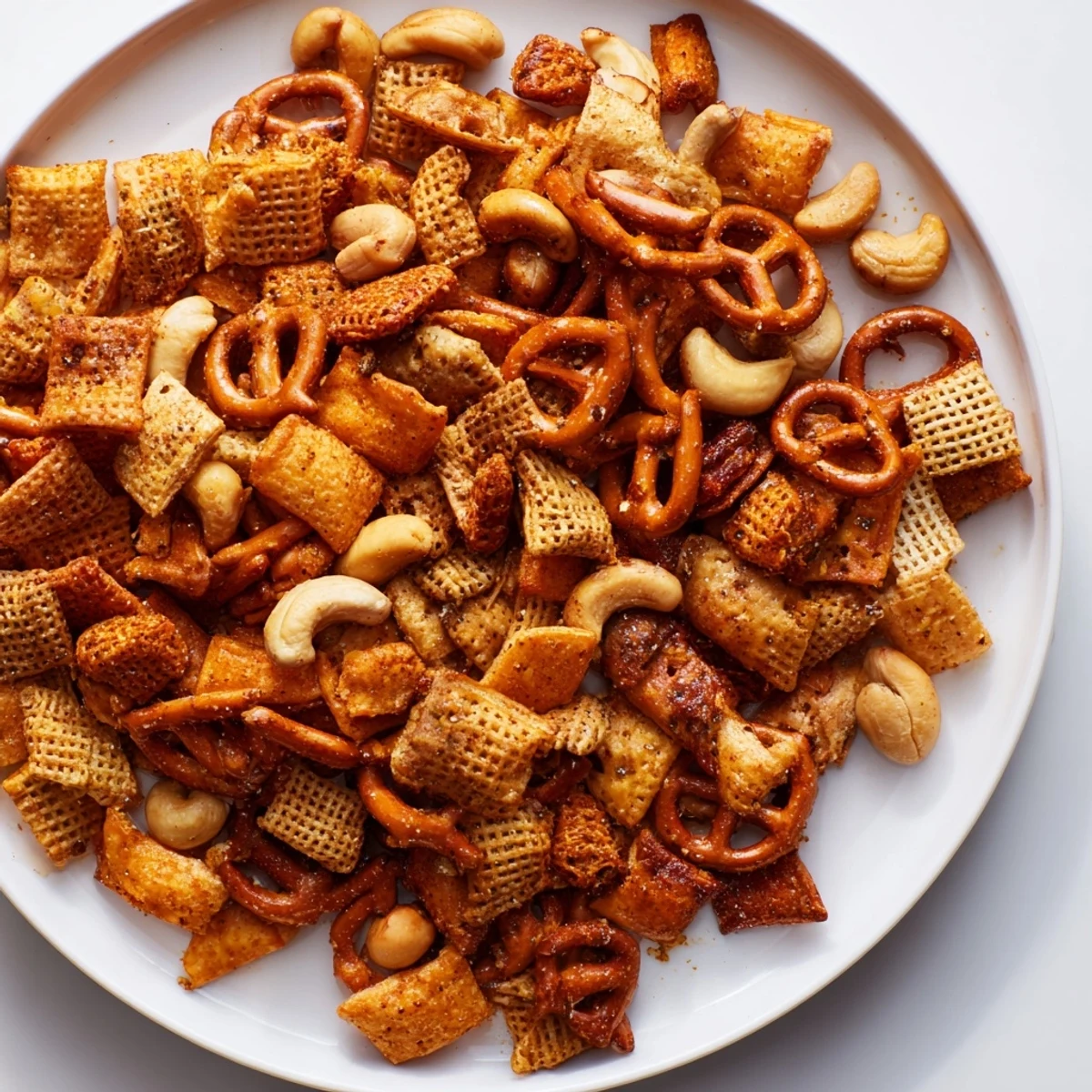 A close-up of golden Super Bowl Snack Mix with Nuts and Pretzels in a serving bowl, the savory seasoning glistening on each piece.  
