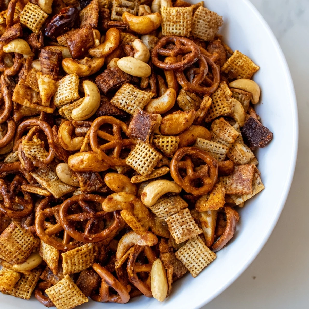 Overhead view of Super Bowl Snack Mix with Nuts and Pretzels spilling from a festive platter, with pretzels, nuts, and crackers mingling.  