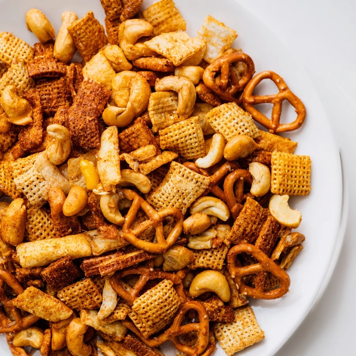 Hands serving Super Bowl Snack Mix with Nuts and Pretzels from a baking sheet lined with parchment, steam rising as guests reach in.
