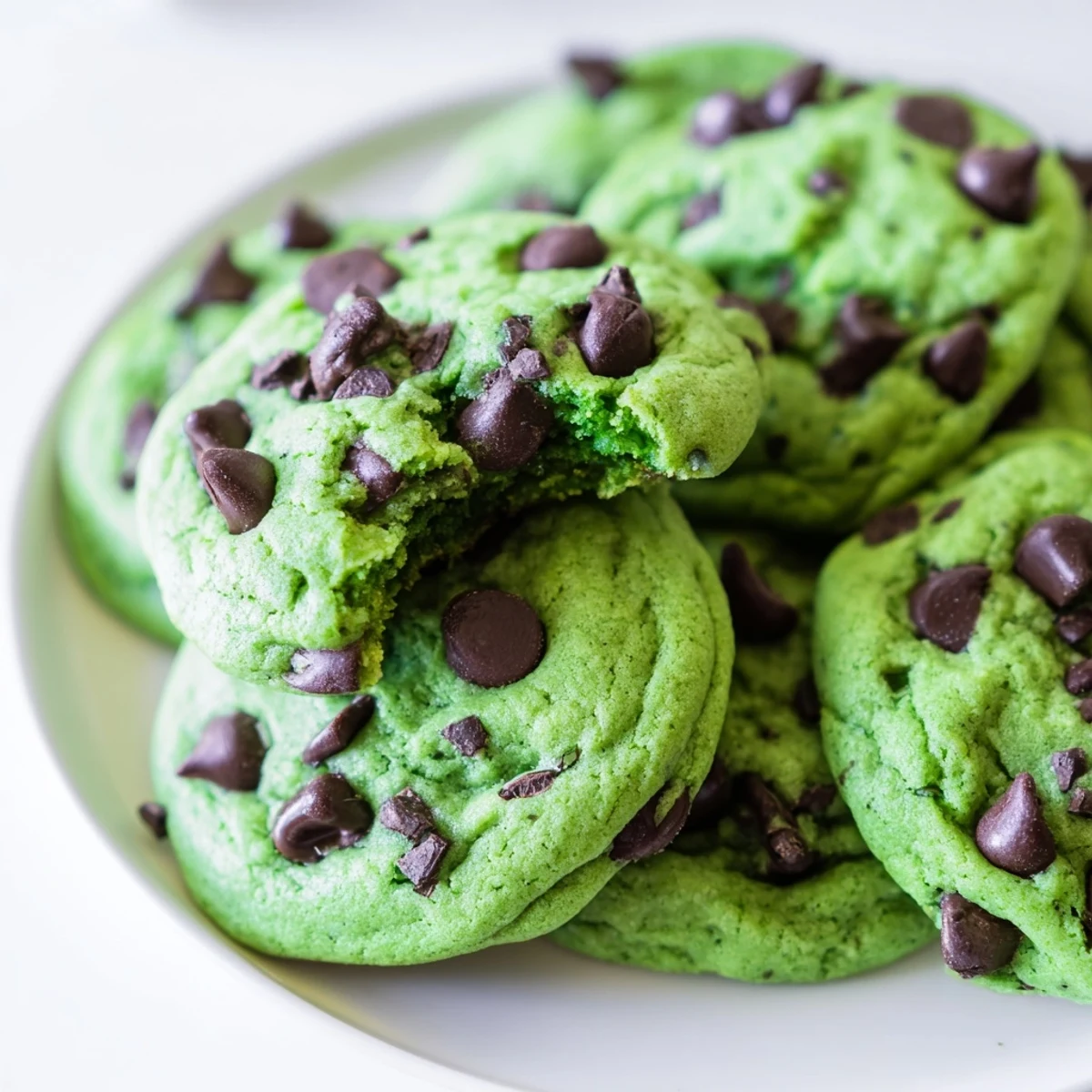 Freshly baked Mint Chocolate Chip Cookies with vibrant green dough and gooey chocolate chips cooling on a wire rack.