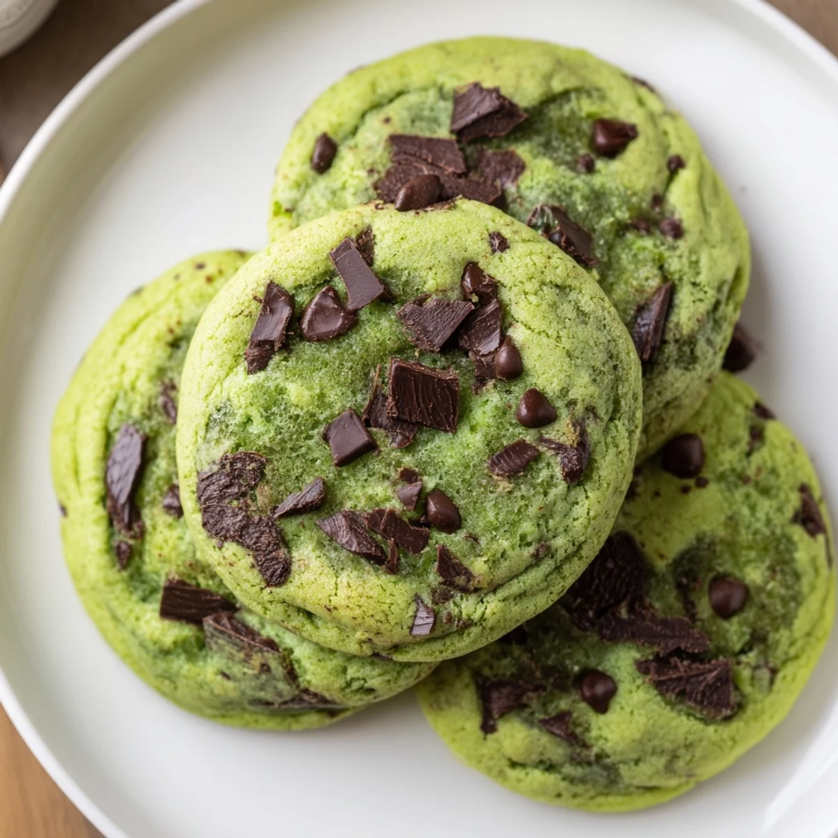 Golden-edged Mint Chocolate Chip Cookies with green dough rest on parchment paper, ready to enjoy with a glass of milk.