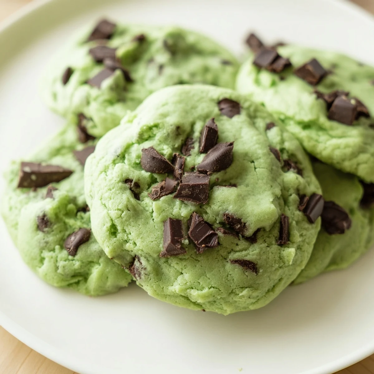 Festive Mint Chocolate Chip Cookies with rich green dough, studded with chocolate chips, perfect for holiday dessert platters.