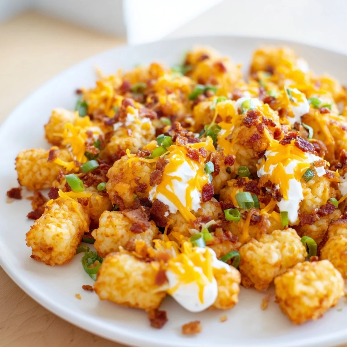 Golden, crispy loaded tater tots with cheese and beef bacon bits, garnished with green onions and dollops of sour cream.
