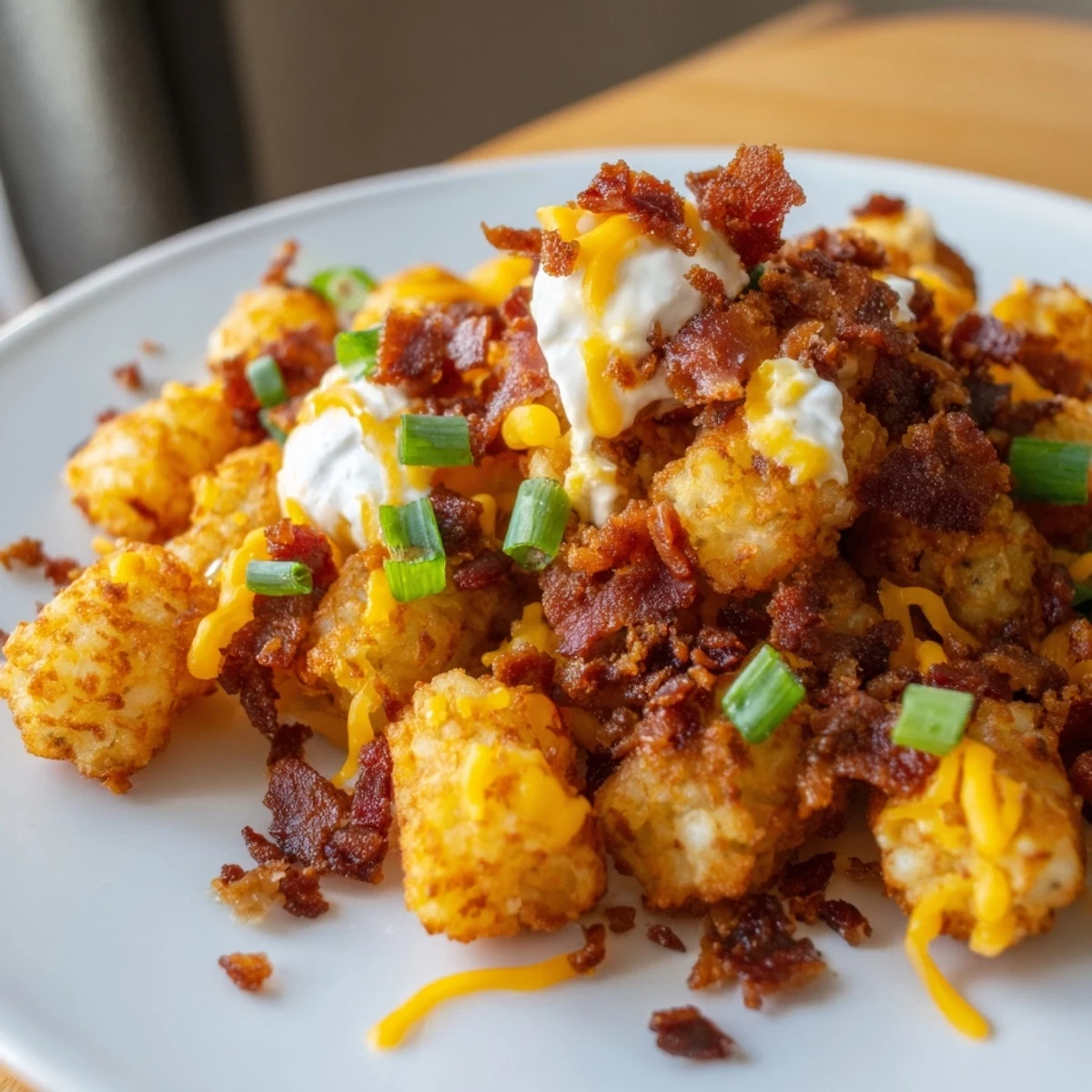 Hearty appetizer plate of loaded tater tots with melted cheddar, Monterey Jack, and savory beef bacon bits for game day.