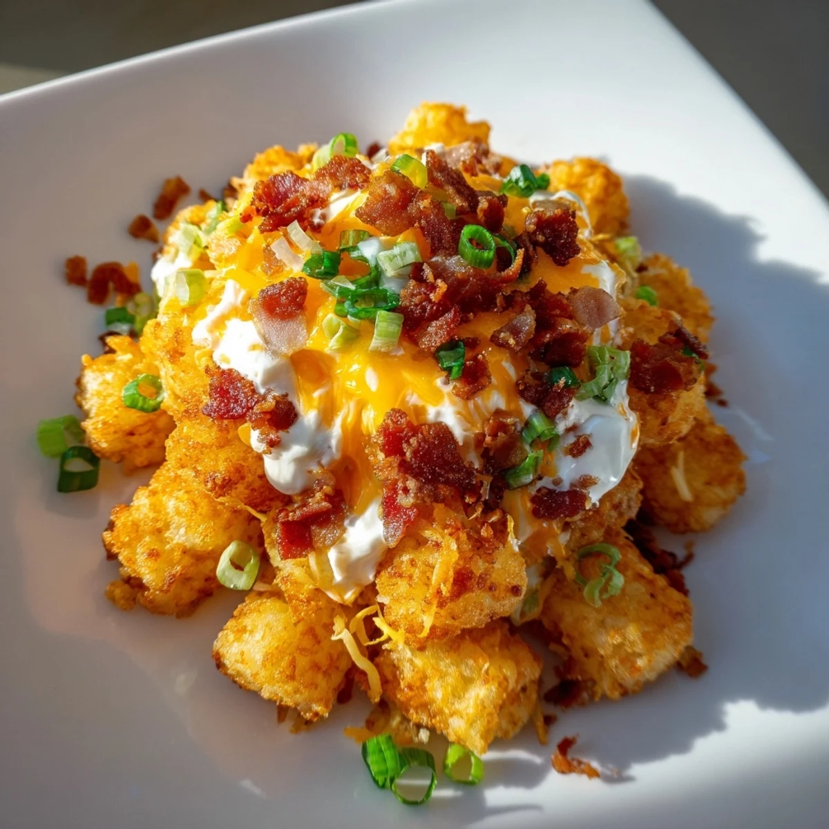 Freshly baked loaded tater tots topped with cheese and beef bacon bits, served warm as an indulgent party snack.