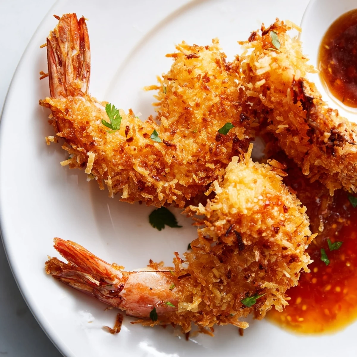 Crispy Coconut Shrimp piled high on a platter, golden brown and crunchy, with a small bowl of vibrant sweet chili dipping sauce.