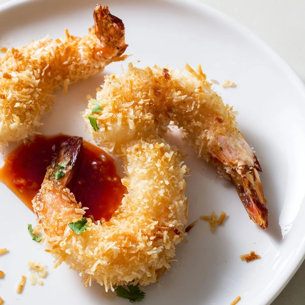 A close-up of golden Crispy Coconut Shrimp with visible coconut flakes, served alongside a lime wedge and fresh cilantro garnish.